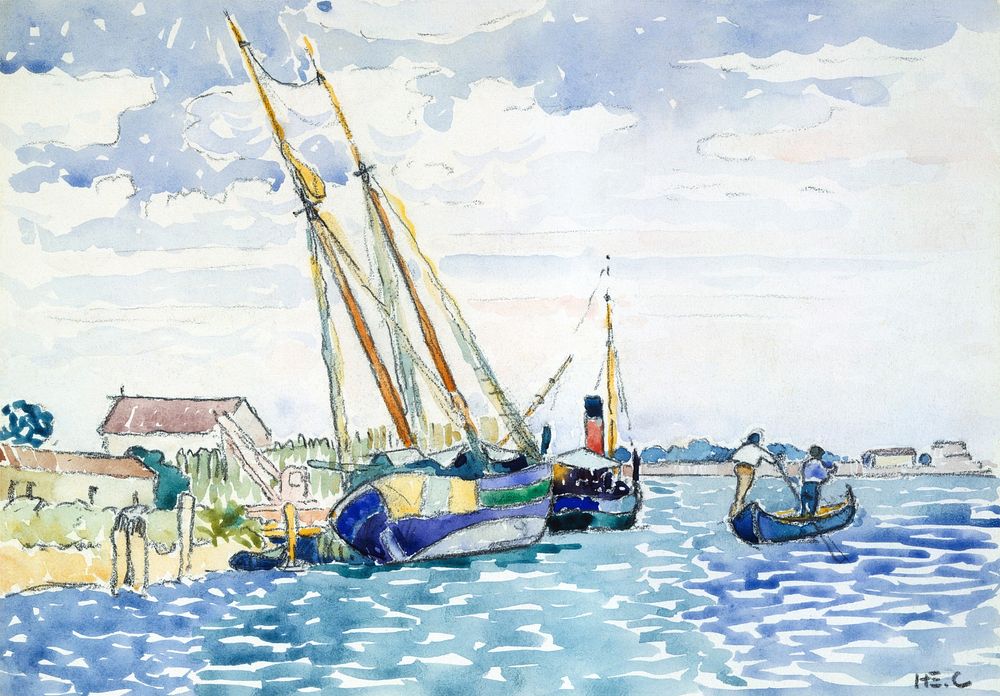 Marine Scene (Boats near Venice) (1903) painting in high resolution by Henri-Edmond Cross. Original from The MET Museum.…
