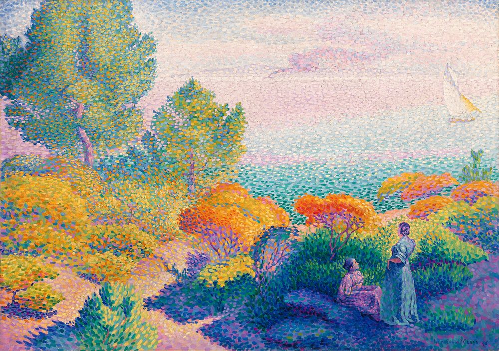 Two Women by the Shore, Mediterranean (1896) painting in high resolution by Henri-Edmond Cross. Original from Barnes…