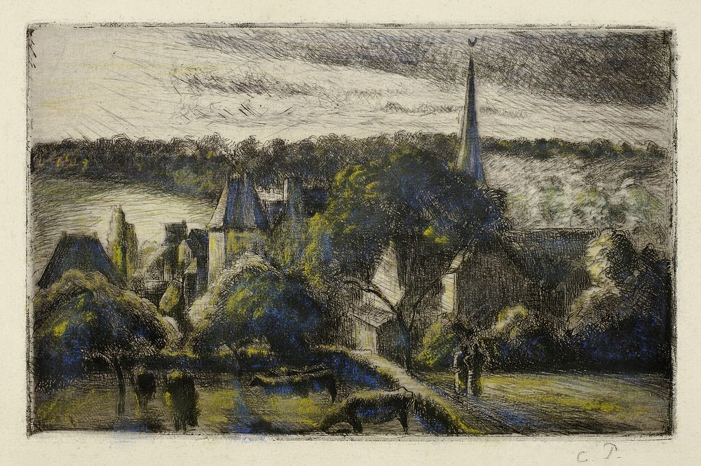 Church and Farm at &Eacute;ragny (1895) by Camille Pissarro. Original from The Art Institute of Chicago. Digitally enhanced…