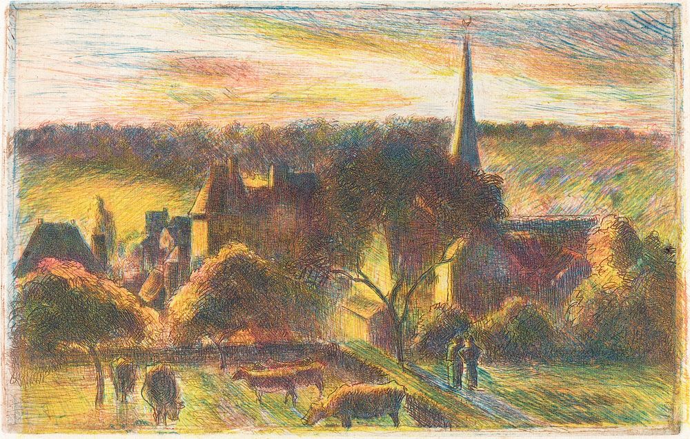 A Church and Farm at &Eacute;ragny (1890) by Camille Pissarro. Original from The National Gallery of Art. Digitally enhanced…