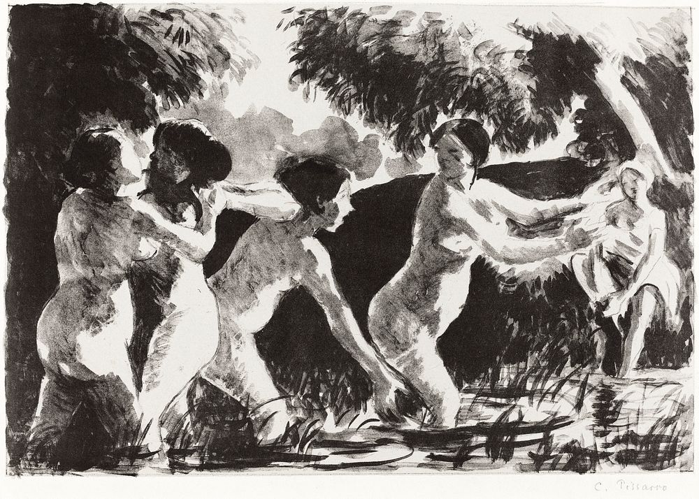 Bathers Wrestling (ca. 1896) by Camille Pissarro. Original from The National Gallery of Art. Digitally enhanced by rawpixel.