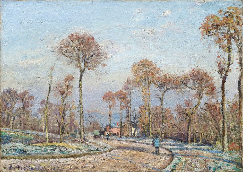 The Road to Versailles, Louveciennes: Morning Frost (1871) painting in high resolution by Camille Pissarro. Original from…