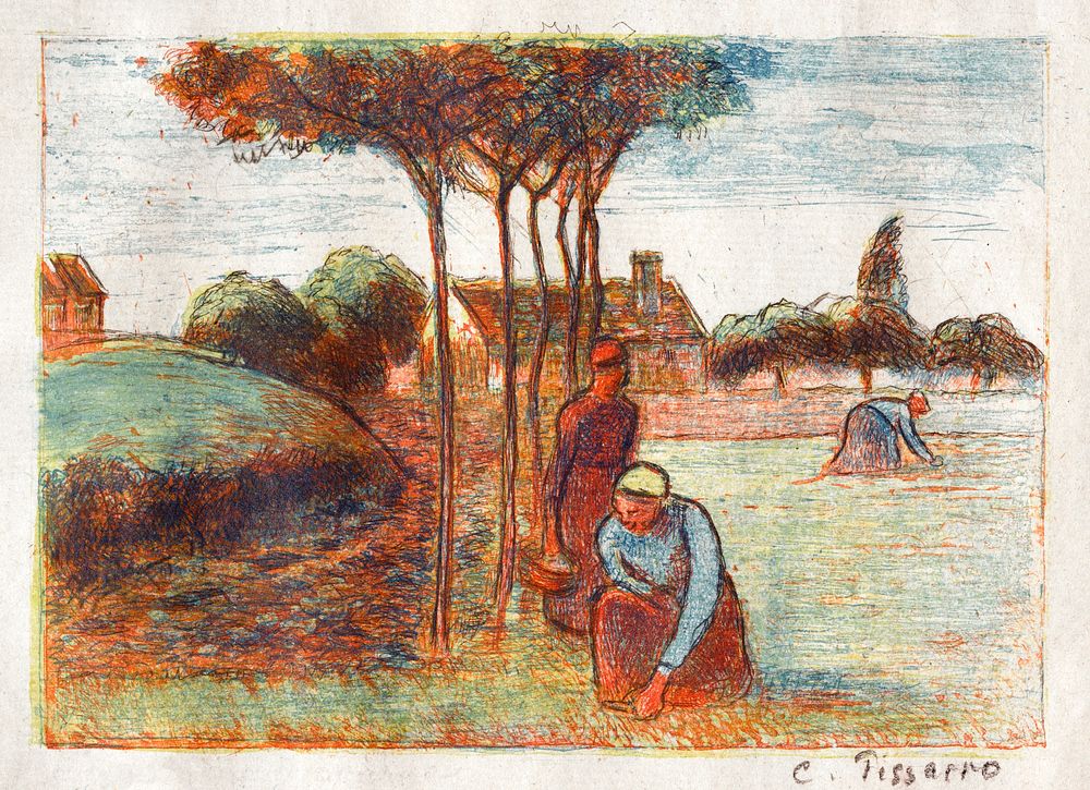 Peasant Women Weeding the Grass (ca. 1894) print in high resolution by Camille Pissarro. Original from the Sterling and…