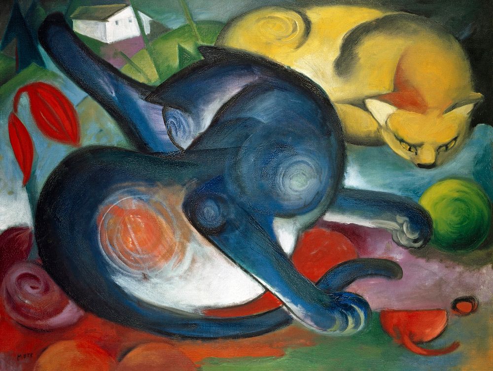 Two cats, blue and yellow (1912) painting in high resolution by Franz Marc. Original from the Kunstmuseum Basel Museum.…