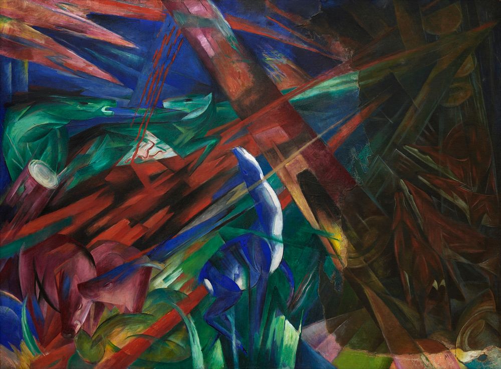 Animal fates (the trees showed their rings, the animals their veins) (1913) painting in high resolution by Franz Marc.…