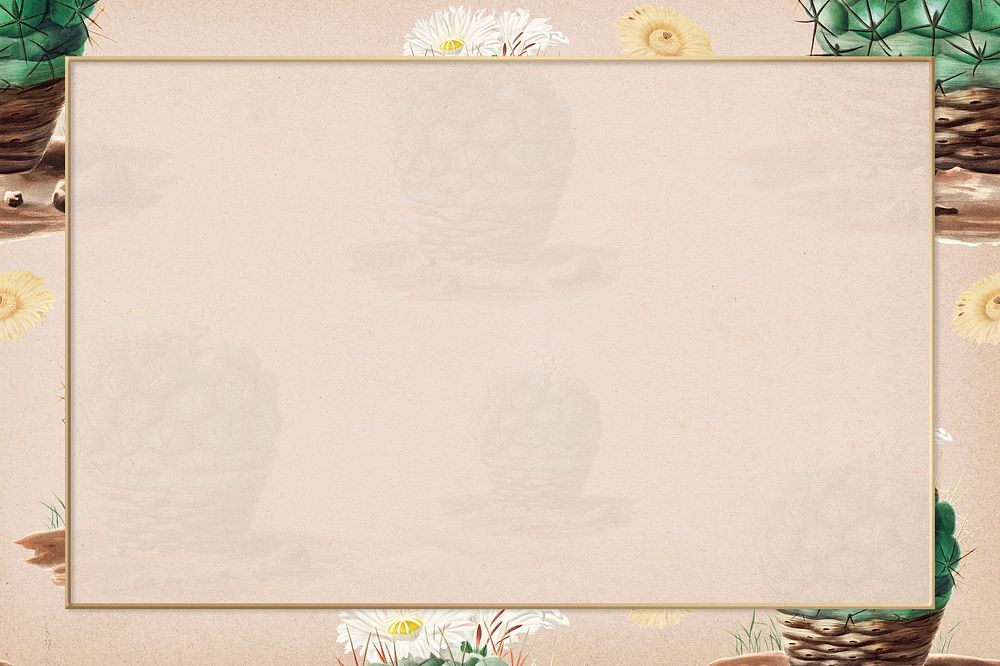 Rectangle gold frame on vintage cactus pattern background design element