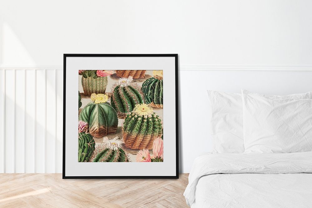 Framed vintage cactus interior wall art mockup design element