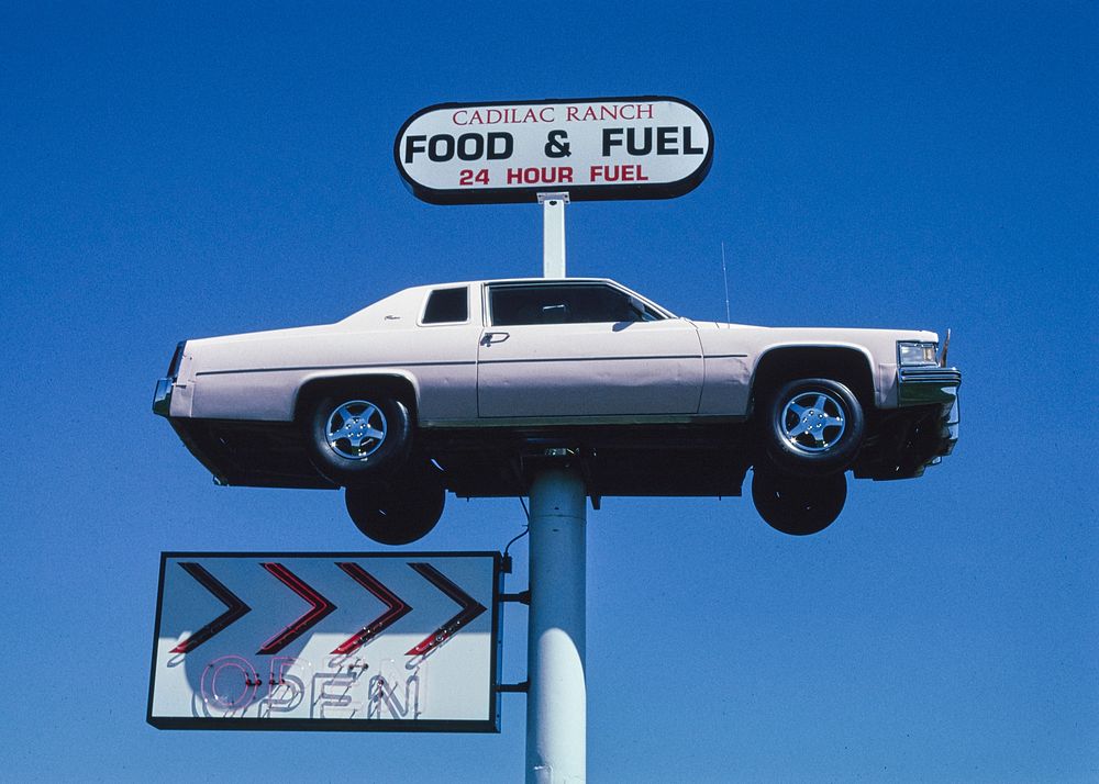 Cadillac Ranch food & fuel sign, Route 95, Winchester, Idaho (2004) photography in high resolution by John Margolies.…