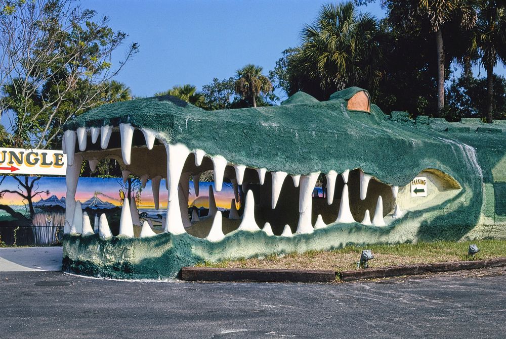 Gator mouth at entrance, Gator Jungle, Route 50, Christmas, Florida (1990) photography in high resolution by John Margolies.…