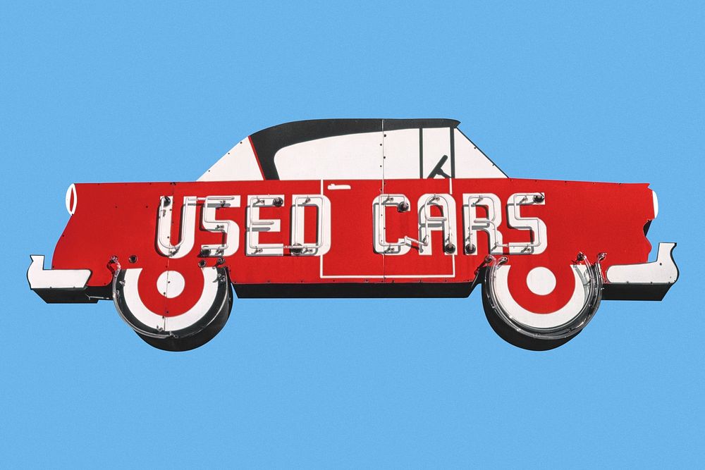 Red used cars sign, remixed from artworks by John Margolies