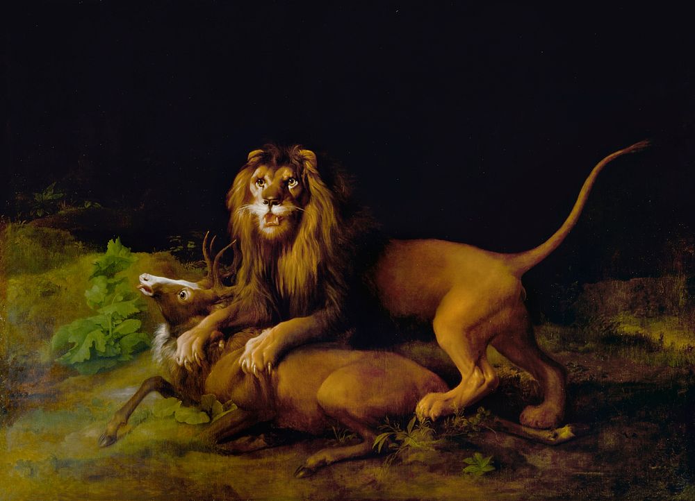 A Lion Attacking a Stag (1765–1766) painting in high resolution by George Stubbs. Original from The Yale University Art…