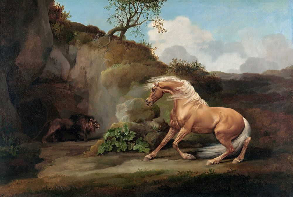 Horse Frightened by a Lion (1762&ndash;1768) painting in high resolution by George Stubbs. Original from The Yale University…