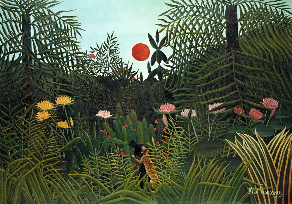 Henri Rousseau's Virgin Forest with Sunset (1910) famous painting. Original from the Kunstmuseum Basel Museum. Digitally…