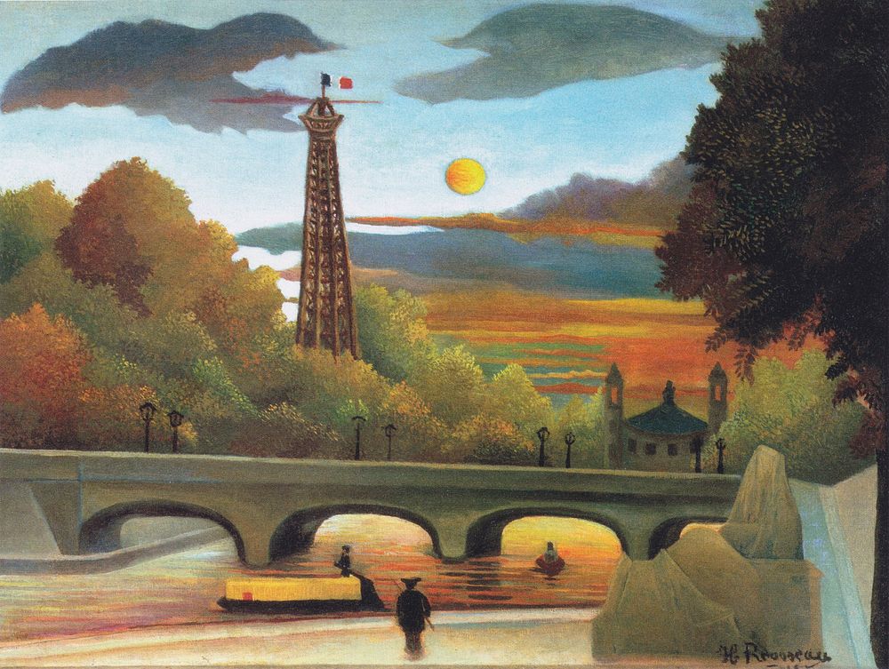 Henri Rousseau's Seine and Eiffel-tower in the sunset (1910) famous painting. Original from Wikimedia Commons. Digitally…
