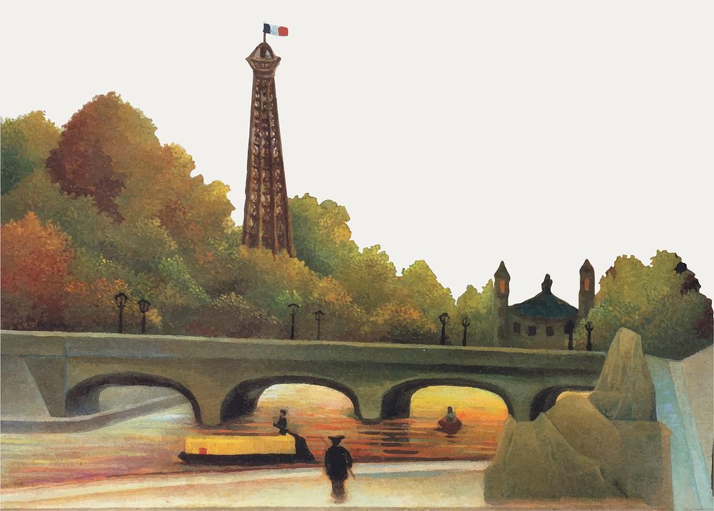 Paris border vector famous painting, Eiffel-tower in the sunset, remixed from artworks by Henri Rousseau