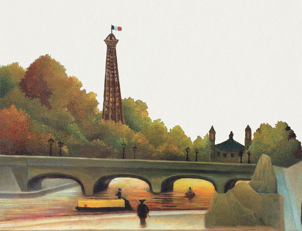 Border psd famous painting, Eiffel-tower in the sunset, remixed from artworks by Henri Rousseau
