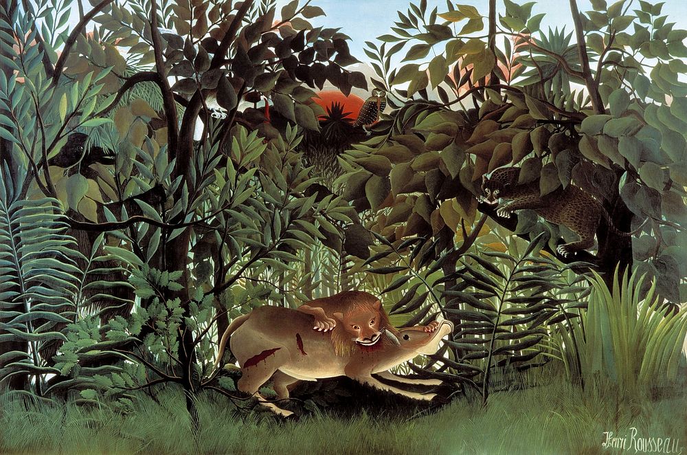 Henri Rousseau's The Hungry Lion Throws Itself on the Antelope (1905) famous painting. Original from Wikimedia Commons.…