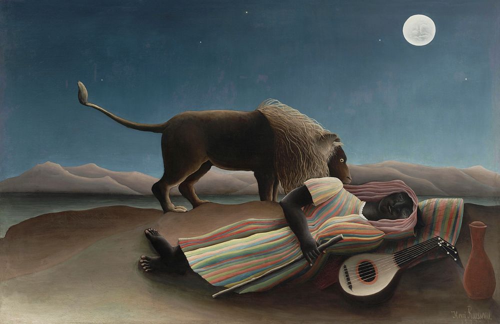 Henri Rousseau's The Sleeping Gypsy (La Boh&eacute;mienne endormie) (1897) famous painting. Original from Wikimedia Commons.…