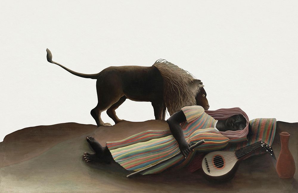 Border famous painting, lion and sleeping Gypsy, remixed from artworks by Henri Rousseau