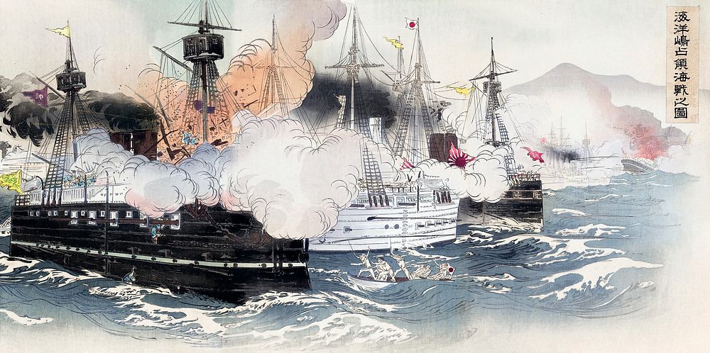 The Naval Battle and Capture of Haiyang Island (Kaiyoto senryo kaisen no zu) (1894) print in high resolution by Ogata Gekko.