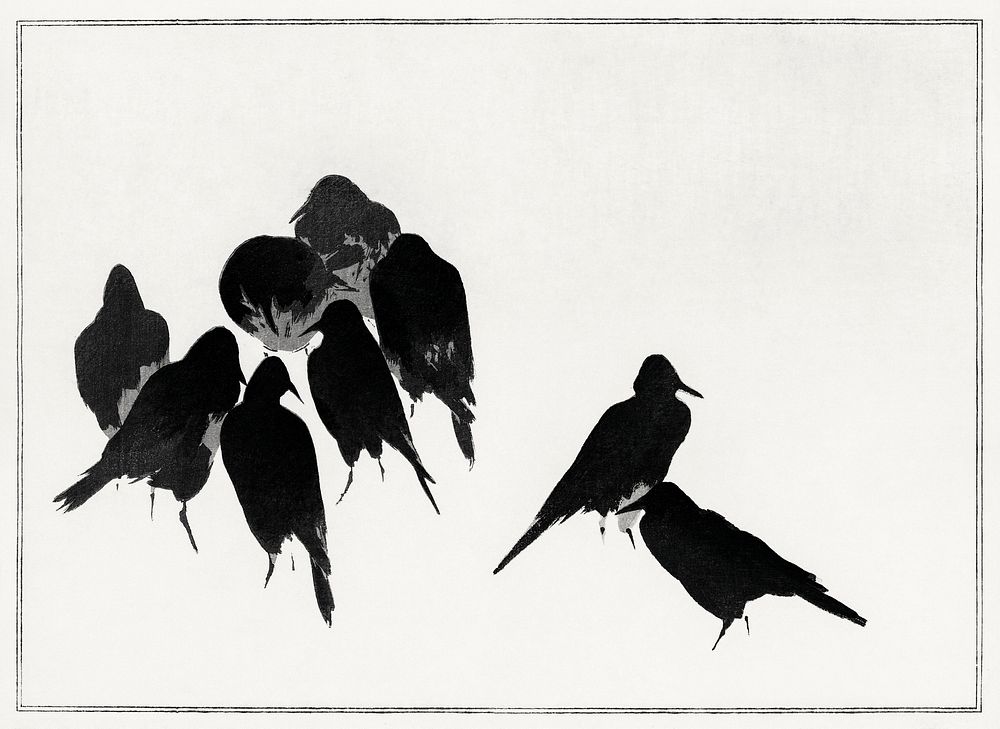Japanese crows, illustration from Seitei Kacho Gafu (1890&ndash;1891) by Wantanabe Seitei, a prominent Kacho-ga artist.…
