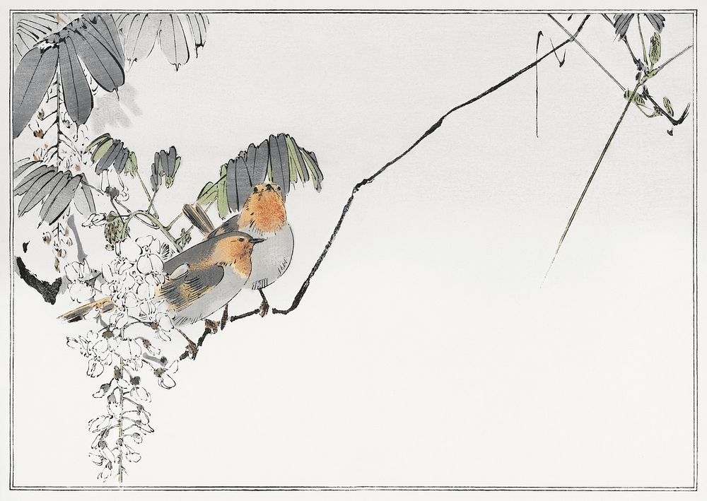 Two sparrows perched on a branch. Illustration from Seitei Kacho Gafu (1890&ndash;1891) by Wantanabe Seitei, a prominent…