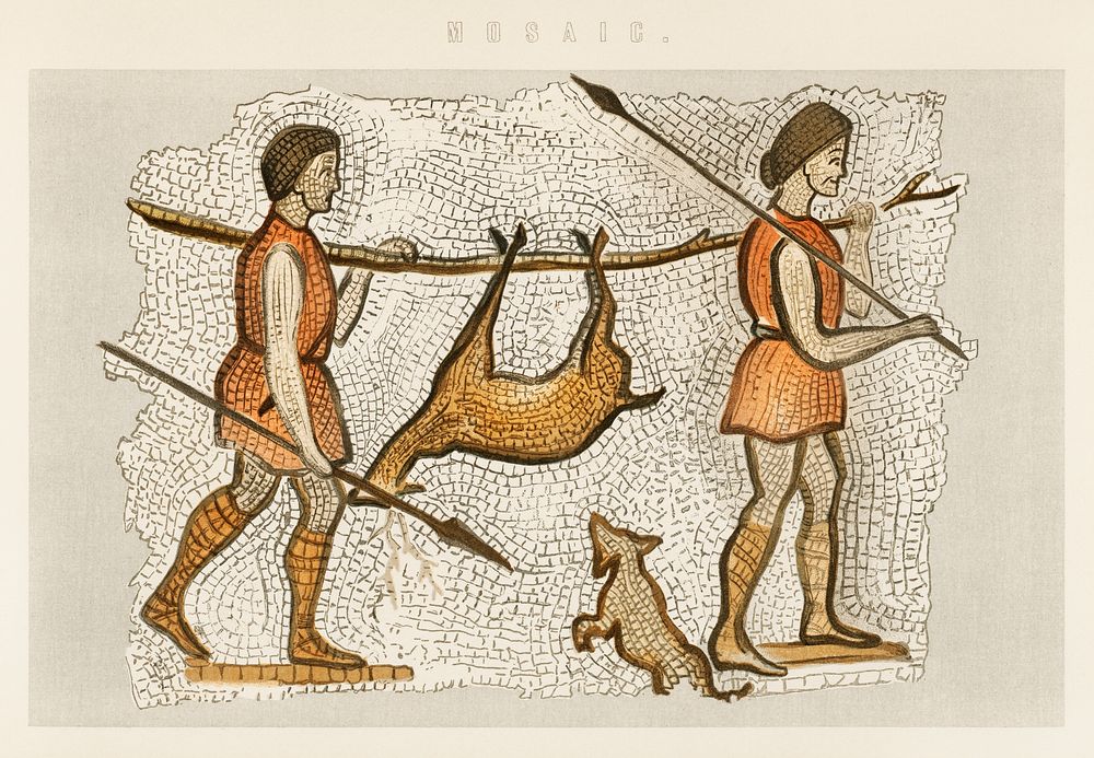 A mosaic illustration of hunter gatherers taken from William MacKenzie&rsquo;s National Encyclopaedia (1891). Digitally…