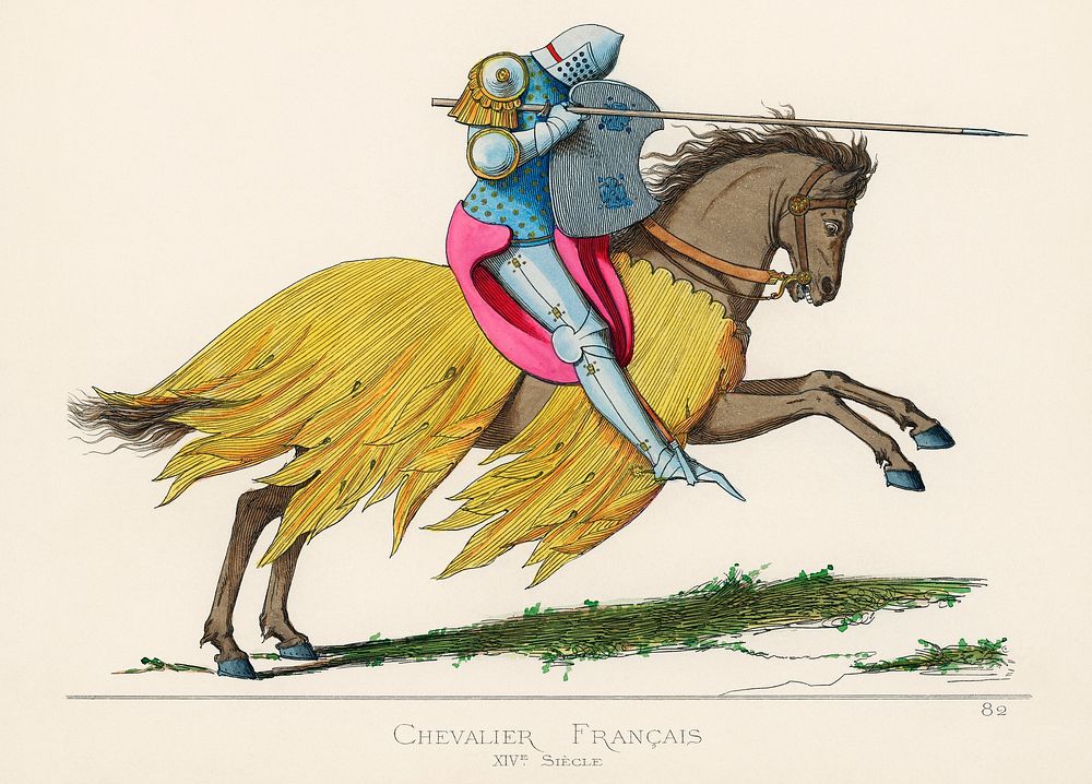 Chevalier Francais, XIVe Siecle, translated French Knight, 14th Century, by Paul Mercuri (1860), a a knight on horse back…