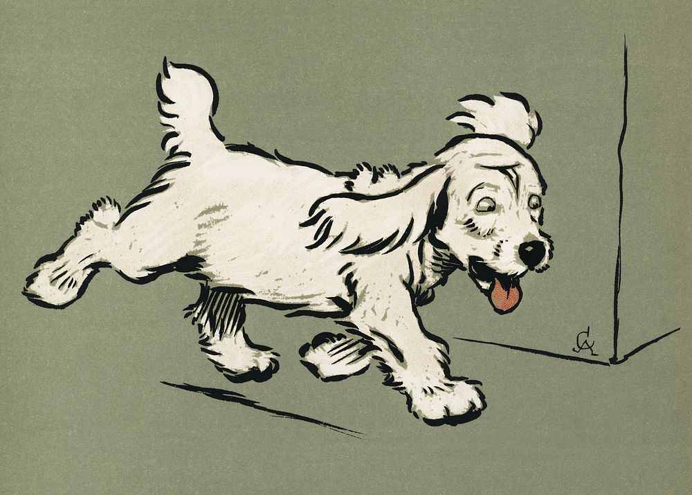 The White Puppy Book by Cecil Aldin (1910), a white dog &lsquo;Rags&rsquo; running emotionally distressed. Digitally enhanced…