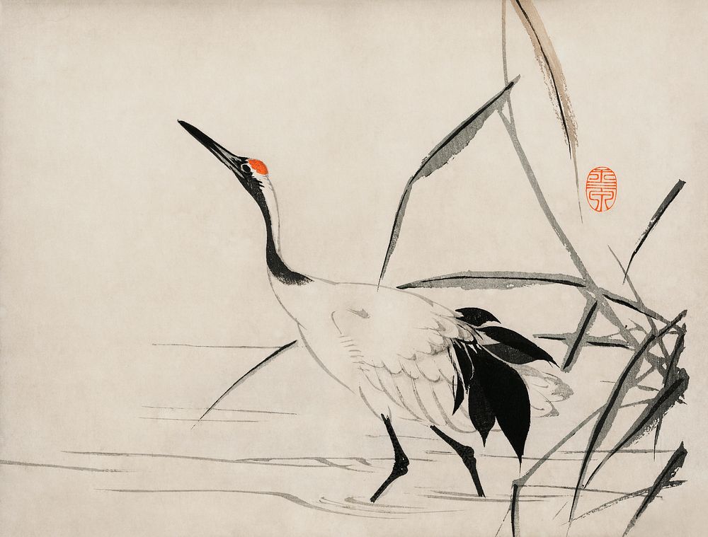 The ukiyo-e illustration of a Japanese crane by Mochizuki Gyokusen, drawn in the year 1891, a traditional portrait of an…