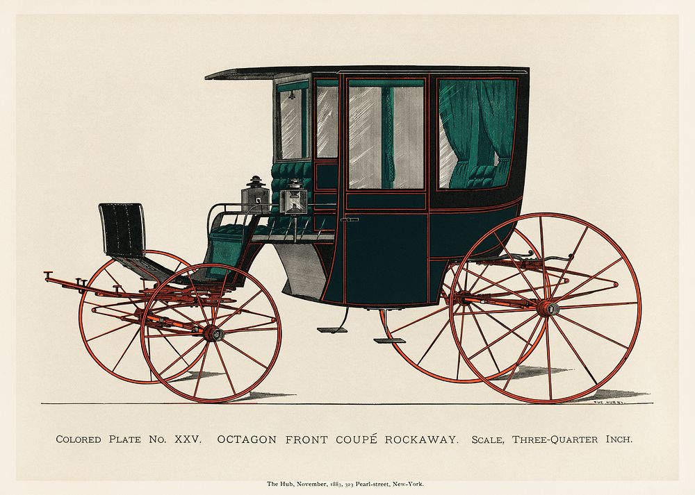 Illustration of a black antique carriage (1885), a vintage drawing of a coach from an issue of the very scarce coach-maker’s…