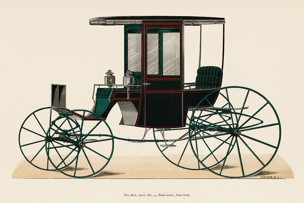 Illustration of a black antique carriage (1885), a vintage drawing of a coach from an issue of the very scarce coach-maker’s…