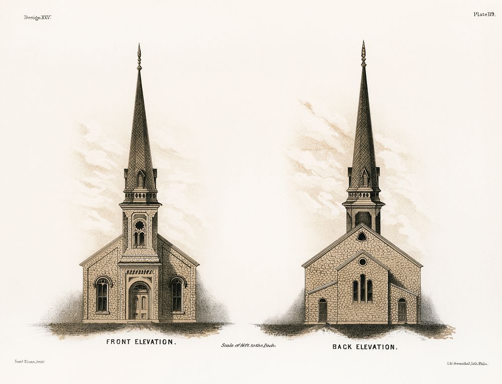 Illustration of a frontside and a backside of an American church by Samuel Sloan (1815&ndash;1884), a vintage drawing of a…