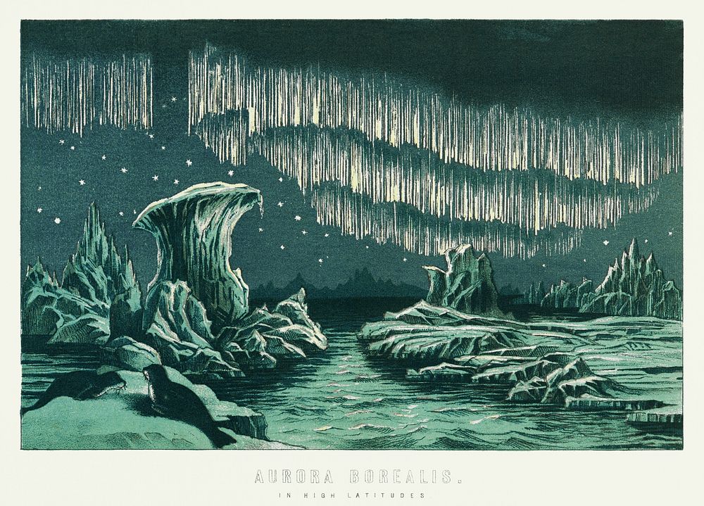 Aurora Borealis in High Latitudes from the book William MacKenzie&rsquo;s National Encyclopedia (1891), a colored…