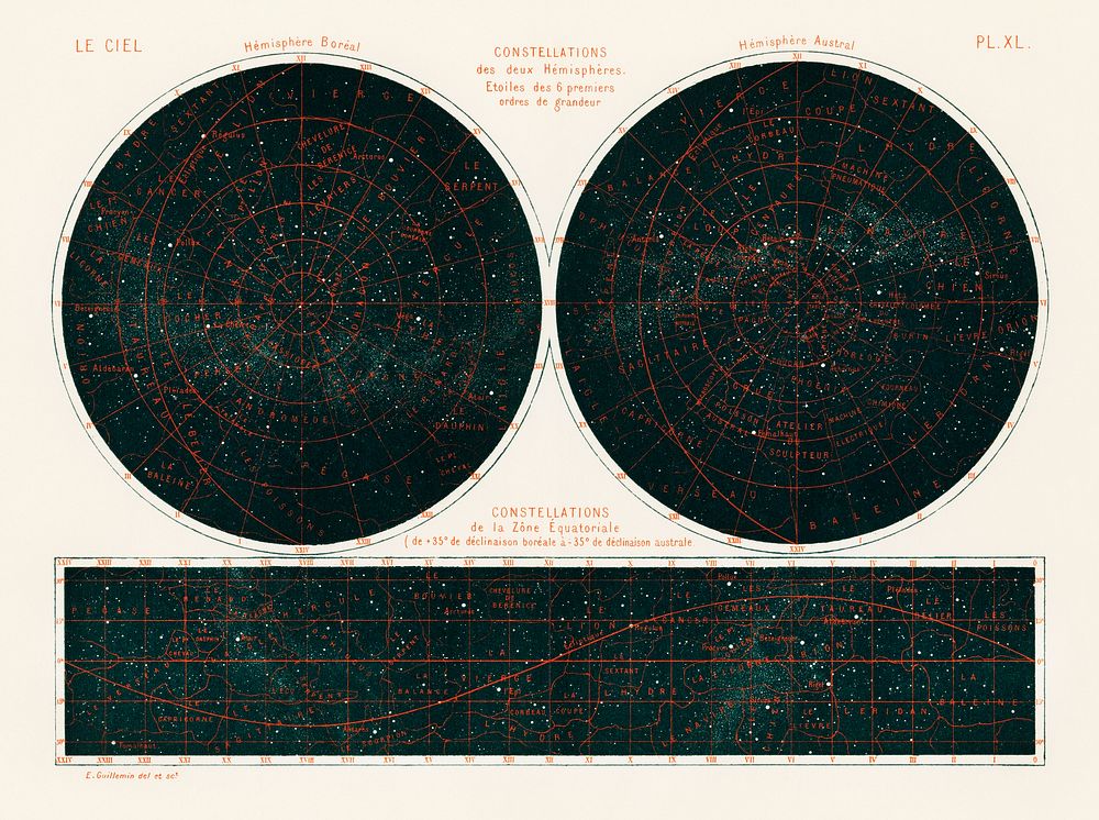 Constellations of the Two Hemispheres (1877) from the book by Guillemin, Amédée, (1826-1893), a celestial chart of the two…