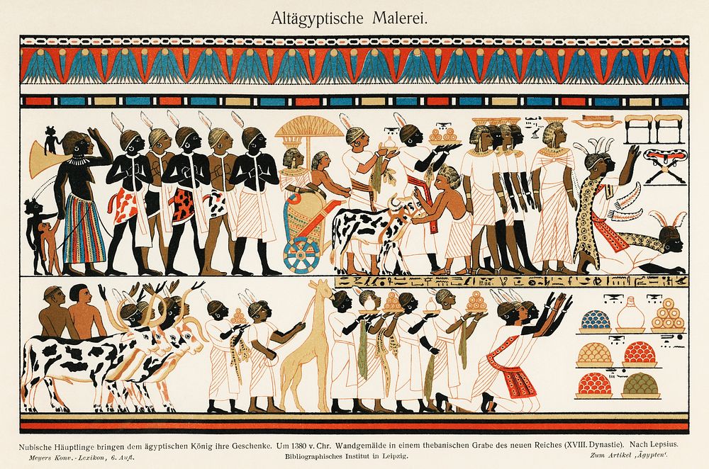 Ancient Eygptian Painting (1904), depicting an ancient vibrantly colored illustration of Nubian chiefs bringing gifts to…