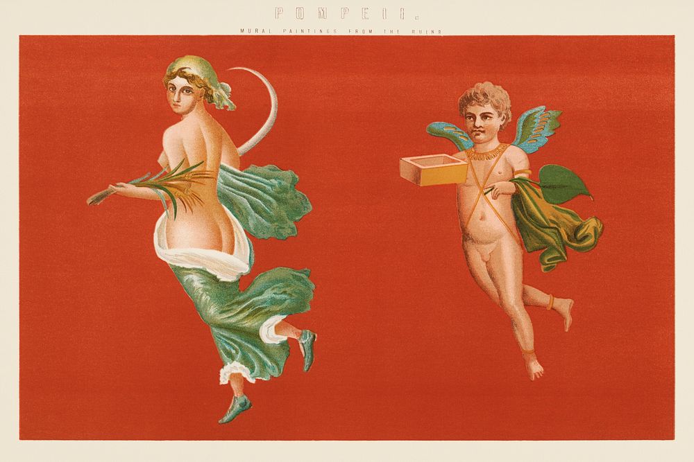 Pompeii: Mural Paintings from the Ruins (1891) by William Mackenzie, a beautiful virgin and a little boy cherub. Digitally…