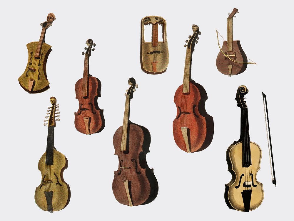 Musik (1850) published in Copenhagen, a vintage illustration of a violin, classical guitar and flute variants. Digitally…