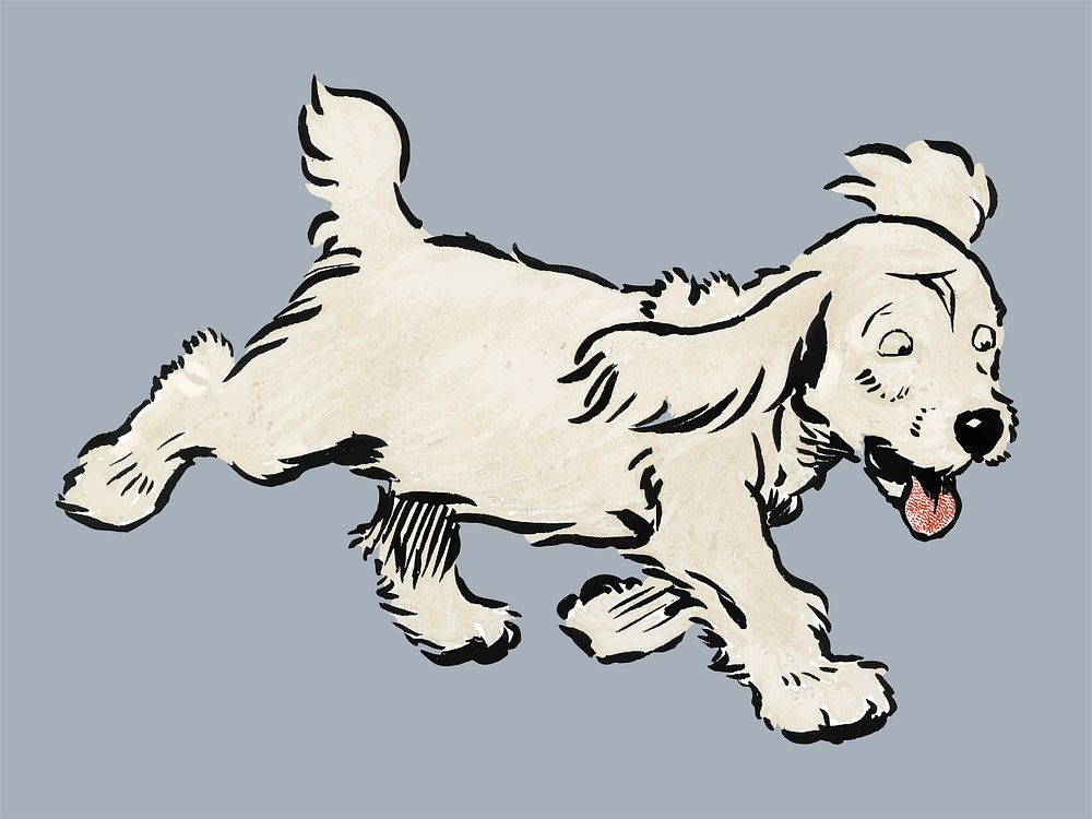 The White Puppy Book by Cecil Aldin (1910), a white dog &lsquo;Rags&rsquo; running emotionally distressed. Digitally…