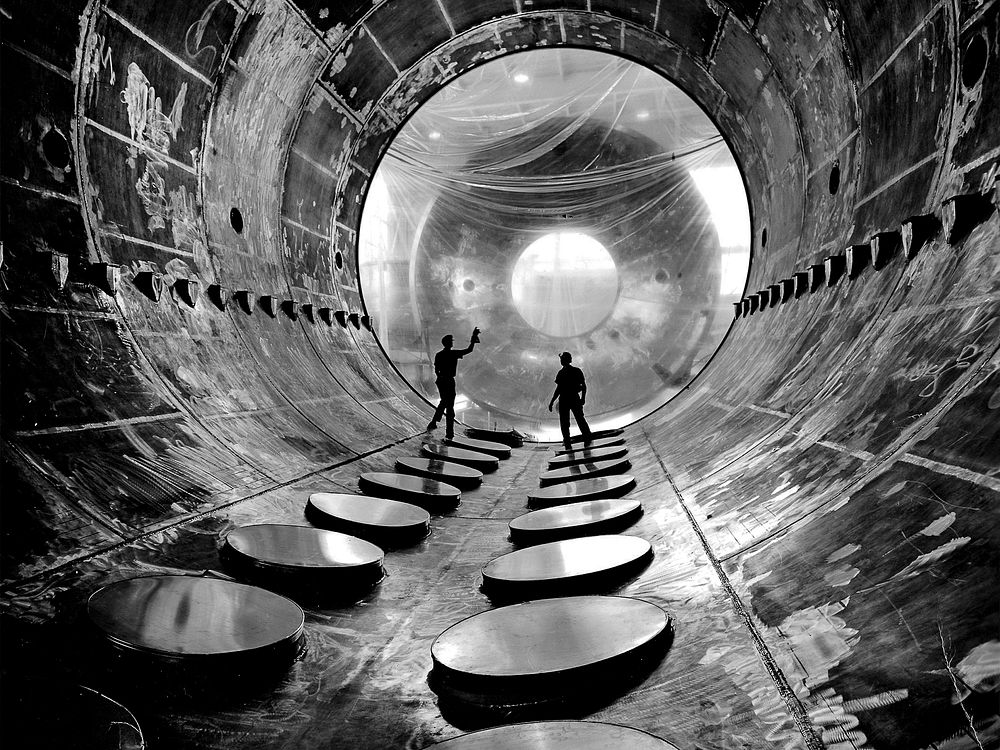 Interior of the 20-foot diameter vacuum tank at the NASA Lewis Research Center&rsquo;s Electric Propulsion Laboratory.…