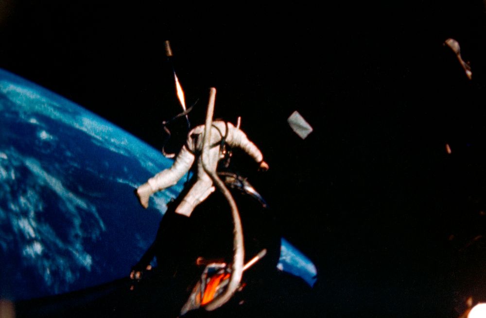 Astronaut Edwin E. Aldrin Jr., pilot of the Gemini-12 spaceflight, performs extravehicular activity. Original from NASA.…