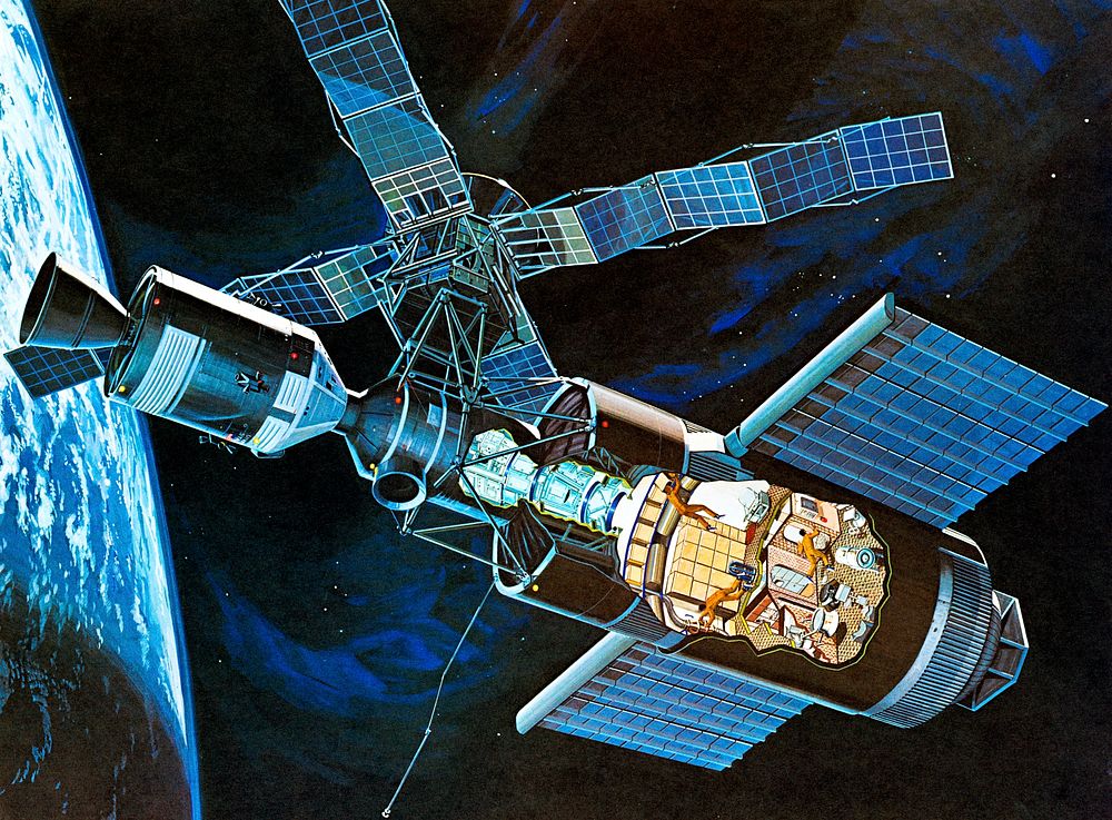 Artist's concept of Skylab space station cluster in Earth's orbit. Original from NASA. Digitally enhanced by rawpixel.