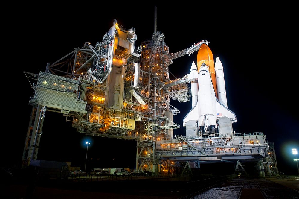 The space shuttle Endeavour is seen on launch pad 39a at Kennedy Space Center in Cape Canaveral, Fla, Thursday, April 28…