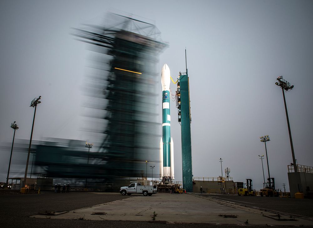 The launch gantry is rolled back to reveal the United Launch Alliance Delta II rocket at Vandenberg Air Force Base, Calif.…