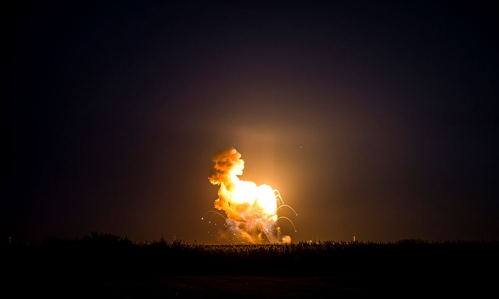 The Orbital Sciences Corporation Antares rocket suffers a catastrophic anomaly moments after launch. Original from NASA.…