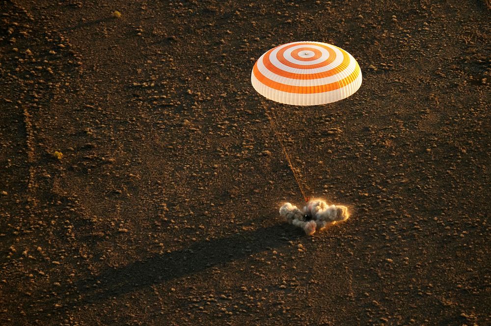 The Soyuz TMA-20M spacecraft is seen as it lands with Expedition 48 crew members near the town of Zhezkazgan, Kazakhstan…