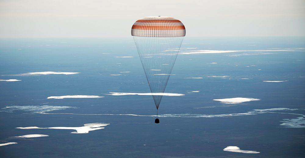 The Soyuz MS-02 spacecraft is seen as it lands with Expedition 50 near the town of Zhezkazgan, Kazakhstan, April 10, 2017.…
