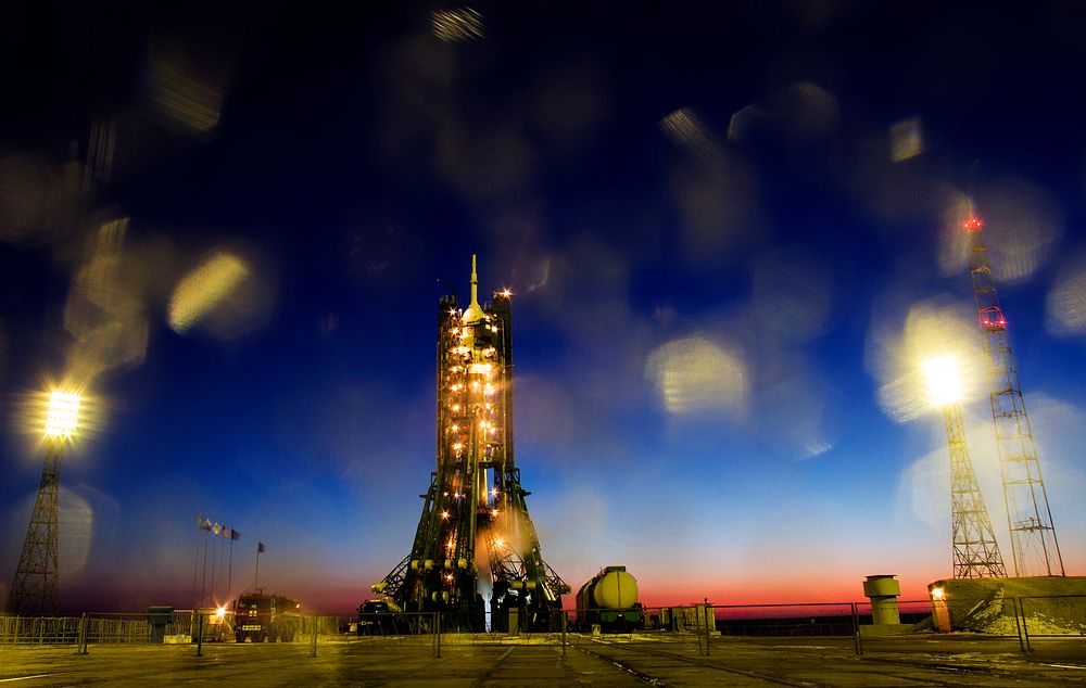 The Soyuz MS-07 rocket is seen on the launch pad at sunrise on Dec. 17, 2017 at the Baikonur Cosmodrome in Kazakhstan.…