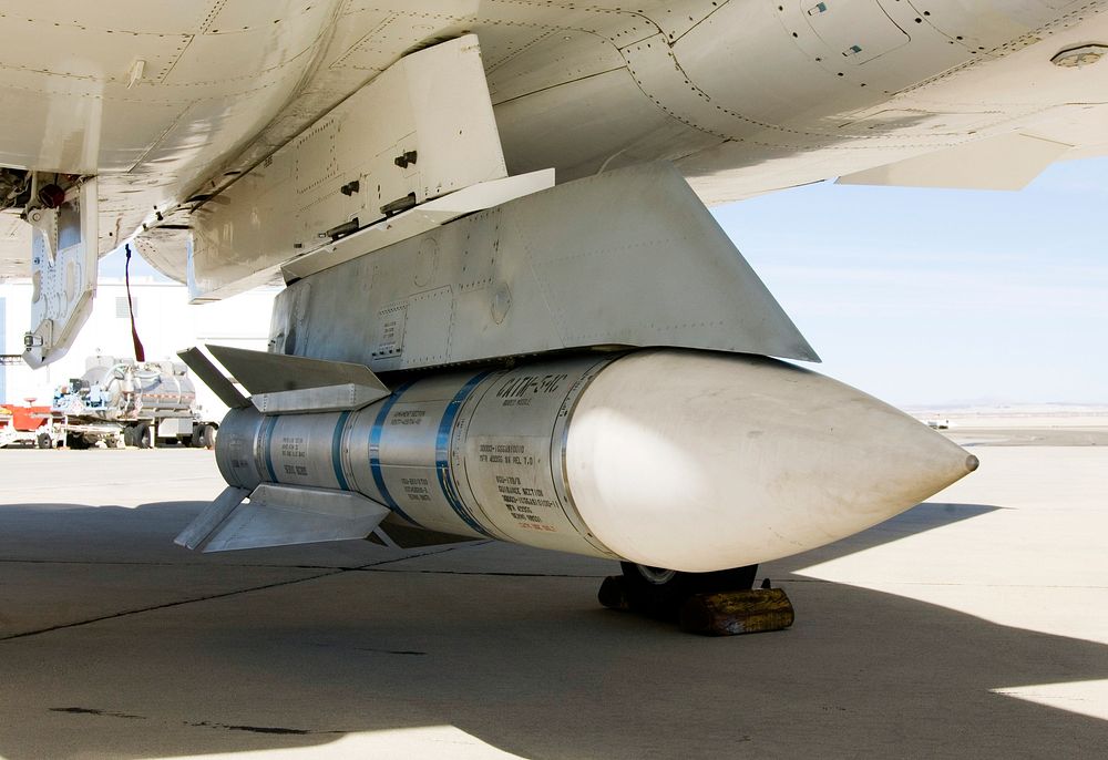 Surplus Phoenix missiles mounted on the centerline pylon of NASA's F-15B research aircraft. Original from NASA. Digitally…