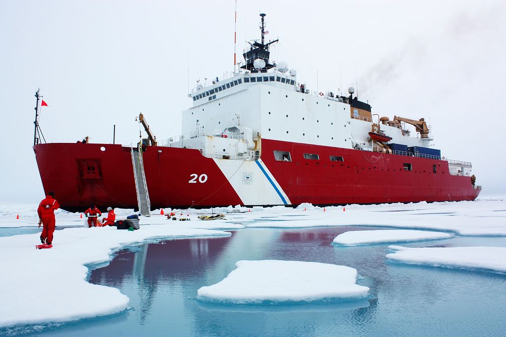 The U.S. Coast Guard Cutter Healy parked in an ice floe for the 2011 ICESCAPE mission's third ice station in the Chukchi…